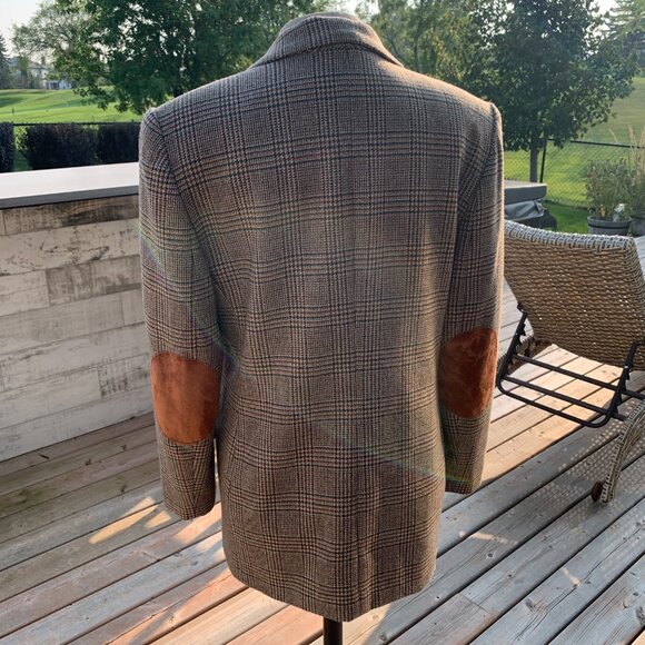 Vintage 70s Tweed Plaid Faux Suede Elbow Patch 3 Button Blazer Jacket - Picture 6 of 16